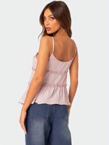 Women's Fashion Solid Color Camisole Pink Lace-Up Ruffled Suspender Tank Tops