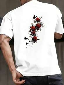 Black T-Shirt With Red Rose Floral Print - Casual Daily Wear For Men And Women - 白色 - 查看 2