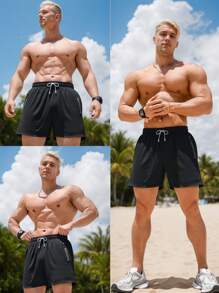 Shorts Esportivos Casuais de Verão Masculinos - Preto, com Bolsos com Zíper, Adequados para Corrida, Caminhada e Atividades ao Ar Livre, Vestuário Esportivo Outdoor | Shorts de Estilo Casual | Shorts com Zíper