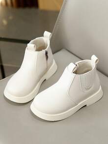 Leather Patchwork & Stitching Casual Style Girls Boots, Soft Sole British Style With Plush Lining, Fashionable Girls Booties - White - View 3