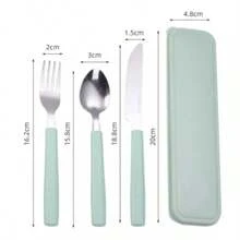 Set Of 3 Cutlery 1 Stainless Steel Case Fork Knife Spoon Lunch Box - Green - View 3
