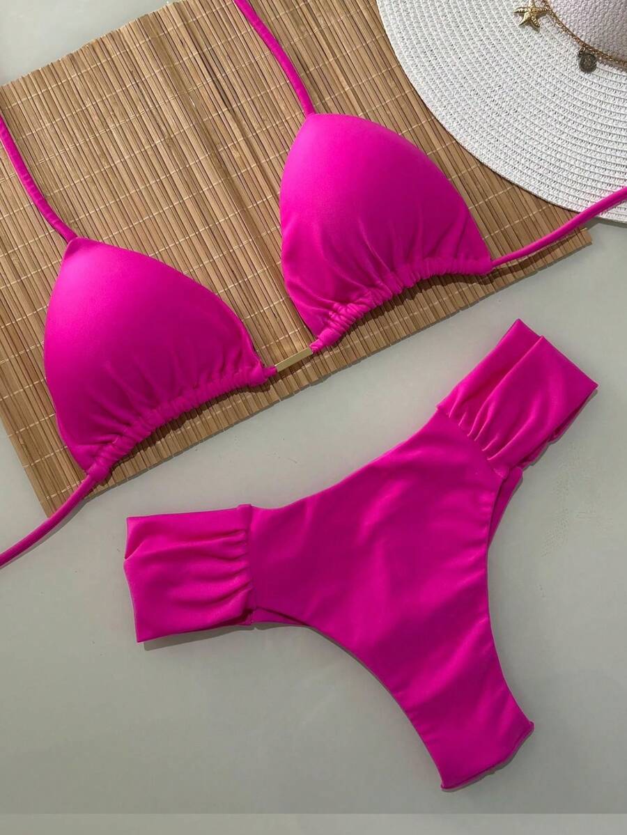 Triangle Bikini With Double Butterfly String Panties In Various Colors - Hot Pink - View 1