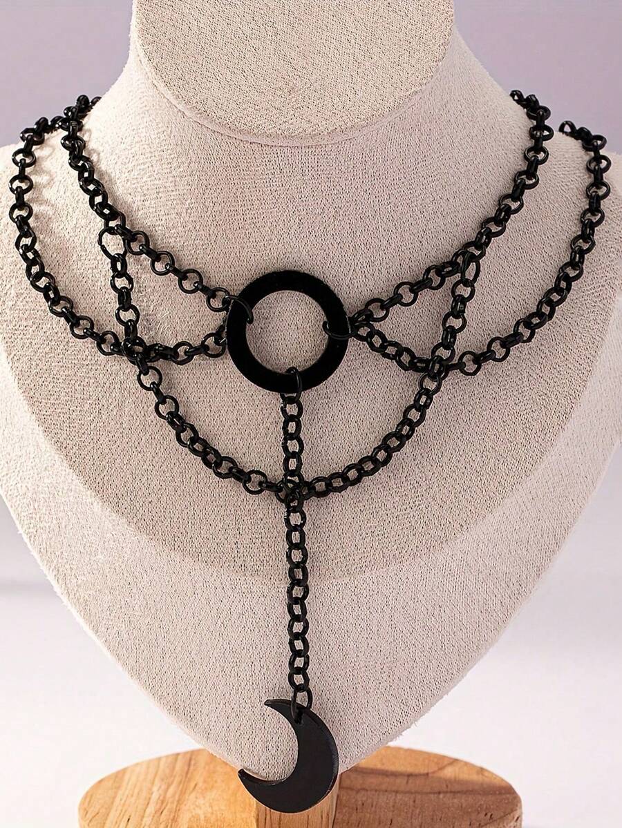 1pc Gothic Vintage Black Moon Pendant Choker Necklace - Adjustable Chain With Beaded Accents, Boho Chic Jewelry Gift For Everyday & Vacation Wear, Moon Necklace, Versatile Halloween Holiday Accessory, Intricate Design - 彩色 - 查看 1