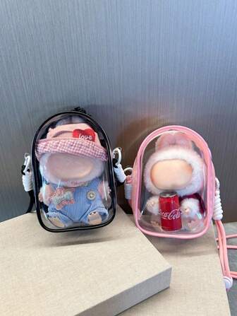 1 个 15 厘米布娃娃携带包，娃娃 PVC 透明斜挎包， 悬挂展示盒防尘收纳袋和便携式旅行单肩包