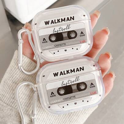 防震磁带录音机风格复古音乐卡带蓝牙耳机盒 WALKMAN Element 耳机盒 Y2K 透明耳机盒，带一个耳机盒挂钩，兼容耳机，生日礼物 周年纪念派对