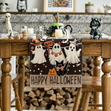 1 pieza Camino de mesa con fantasma negro y gato negro, decoración de mesa de Halloween con calabaza de puntos, bandera de gabinete de lino con diseño de dibujos animados lindos, adecuado para decoración de mesa de Halloween, fiestas, interiores/exteriores, regalo