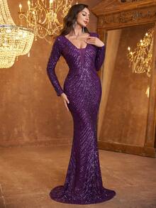 Vestido formal de manga larga con cuello en V y bajo de cola de sirena con lentejuelas - Rojo violeta - Ver 8