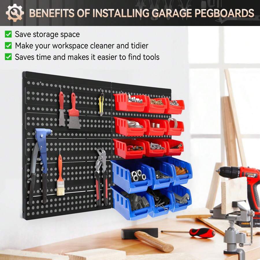 DIY Wall-Mounted Storage System With 30 Bins And 64x41cm Backboard For Tool Organization - Merah+Biru - View 1