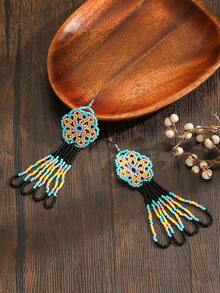 Handmade Beaded Earrings Bohemian Style Vintage Dangle Tassel Earrings Fashion Hollow Green Flower Cute Style Earrings Daily Vacation Versatile Spring Summer New All-Year Wearable Women's Fashion Accessories Mother's Day Valentine's Day Thanksgiving Holiday Gift Choice - Blue Hollow Flowers - View 4