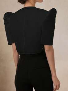 Modern Philippine Style Philippine Pattern Vintage Print Puff Sleeve Blouse, Spring/Summer - Black - View 2