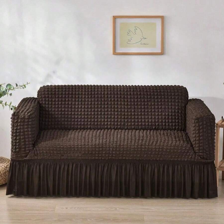 1pc Chiffon Solid Color Plaid Sofa Cover, All Season Universal Anti-Dirty And Anti-Cat Scratch Slipcover - Cà phê nâu - Xem 1