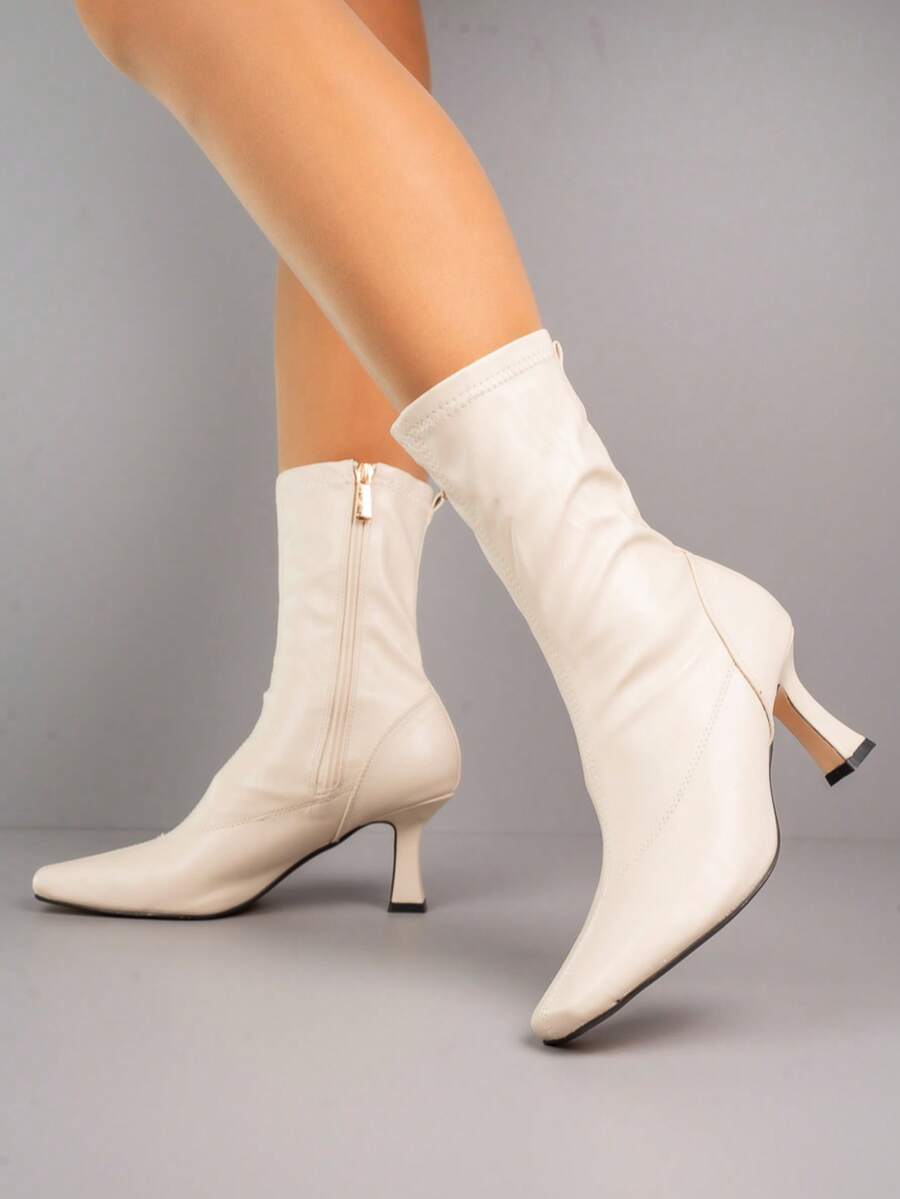 Elegant Ankle Boots With Side Zip And Slim Heel Design - Beige - View 1
