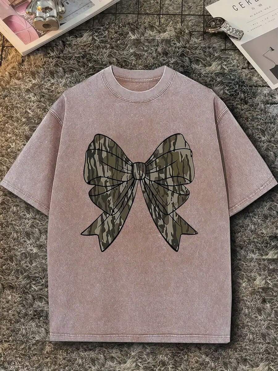 230g Washed T-Shirt, Camouflage Bow, High-Quality Batik Cotton, Retro, Korean Wave, Carnival Clothing, Printed T-Shirt With Patterns, Machine Washable, With A Certain Thickness Suitable For Summer T-Shirts, Outdoor Activities, Holiday Gifts