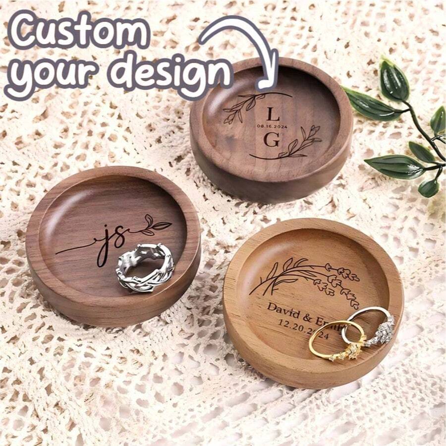 Personalized Wooden Ring Dish, Custom Round Wood Ring Dish, Engagement Ring Holder, Wedding Gift For Couple, Round Jewelry Tray - Multicolor - View 1