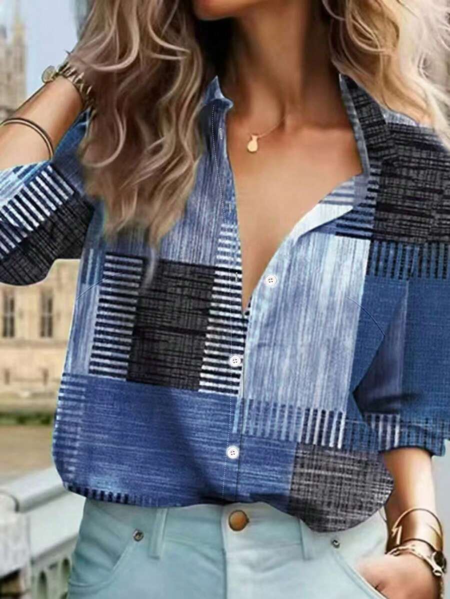 撞色纽扣印花长袖休闲复古衬衫 夏季