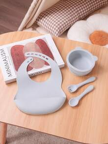 PopLittleOne 4PCS Baby Silicone Dinner Set Adjustable Bib Cartoon Bear Bowl Solid Color Spoon Fork Feeding Learning Baby Tableware - Multicolor - View 8