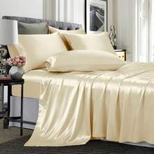 4 Piece Satin Sheets Twin Size Silky Smooth Beige Sheet Set With Deep Pocket, Fitted Sheet, Flat Sheet, 2 Pillowcases, Luxury Comfort - 橄欖綠 - 查看 8