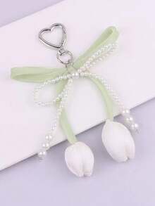 1pc Flower Ribbon Decor Chain Heart Shape Clasp Pearl Tulip Keychain For Women, Bag Charm - Multicolor - View 10