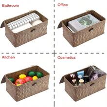 Hipiwe Wicker Shelf Baskets Bin With Lid, Handwoven Seagrass Basket Storage Bins Rectangular Household Basket Boxes For Shelf Wardrobe Home Organizer, Caramel X-Small - M - View 5