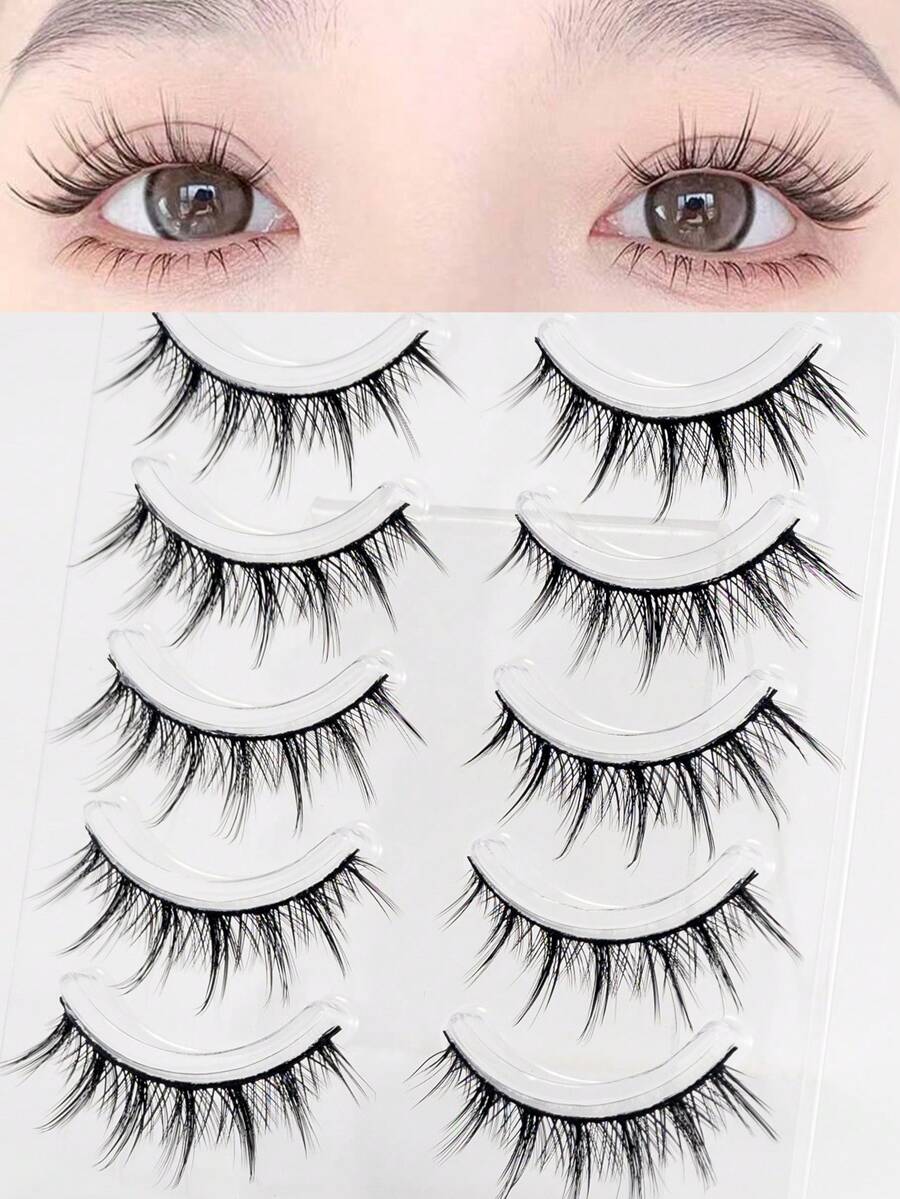 Manga Lashes 5 对黑色茎自然假睫毛，睫毛延长，卷翘柔软，适合漫画风格日常妆容 - 尖尾漫畫款 - 查看 1