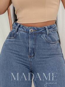 WOMEN'S HIGH WAIST PANTS, WIDE LEG, MEDIUM WASH, PREMIUM DENIM - 中等水洗藍 - 查看 3