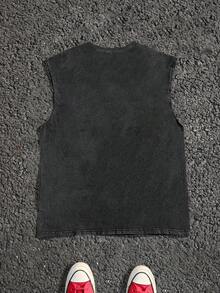 Men's Vintage Washed Sleeveless Tank Top, Simple Letter & Figure Print Design, Casual For Daily Wear And Street Fashion, Suitable For Spring/Summer - Black - View 3