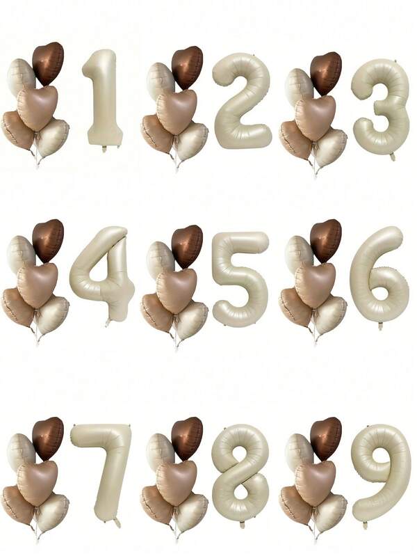 Set de 6 piezas: 1 pieza de 40" Globo de aluminio numérico de color marfil, 5 piezas de 18" Globos de aluminio con forma de corazón, Suministros para fiesta de cumpleaños, Decoración para fiesta de San Valentín con globos de aluminio