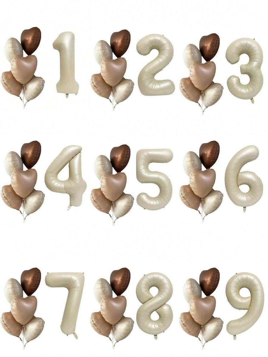 Set de 6 piezas: 1 pieza de 40" Globo de aluminio numérico de color marfil, 5 piezas de 18" Globos de aluminio con forma de corazón, Suministros para fiesta de cumpleaños, Decoración para fiesta de San Valentín con globos de aluminio