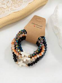 6pcs/Set Fashion Turquoise Cross & Crystal Elastic String Bracelet Set, Suitable For Daily Wear For Women (Note: Turquoise Color May Vary) - Multicolor - View 5