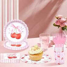 Juego de 100 piezas de vajilla desechable de cereza con diseño a cuadros rosas para fiestas, incluye platos, vasos, servilletas y tenedores. Diseño de cerezas lindas para cumpleaños, baby shower, despedida de soltera, picnic. Sirve para 20 invitados. - Cereza - Ver 6