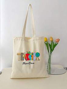 1pc Customized Name Canvas Tote Bag, Can Customize Name Or Text, Large Capacity Canvas Handbag Shoulder Bag, Personalized Tote Bag, Foldable, Large Capacity Or Lightweight, Canvas Shopping Bag, Student Handbag, Fashion Versatile, Teacher's Day Gift, Suitable For Women, Backpack/College Backpack, Travel Accessory, Teacher's Day Gift, Birthday Gift - Multicolor - View 6
