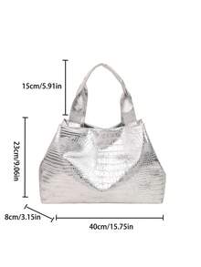 2025新款大容量手提包，亮面简约女士时尚百搭通勤托特包 - 銀色 - 查看 3