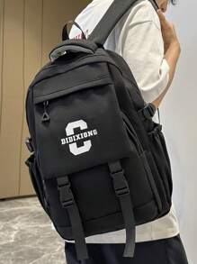 Large Capacity Water-Resistant Letter Print Flap Buckle Multi-Pocket Functional Backpack, Unisex Casual Campus Style School Student Travel Bag