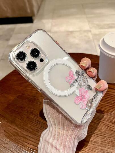 Shockproof Turtle Floral Sea Turtle Design 1pc Magnetic Wireless Charging Protective Phone Case, Transparent Anti-Fall Soft+Hard Material, Suitable As Festival Gift Compatible With IPhone 15 16 Pro/Pro Max/14 15 16 Plus, Anti-Fingerprint & Scratch Resistant, Clear Glossy Waterproof Shockproof Birthday Gift Anniversary Spring Gift Party