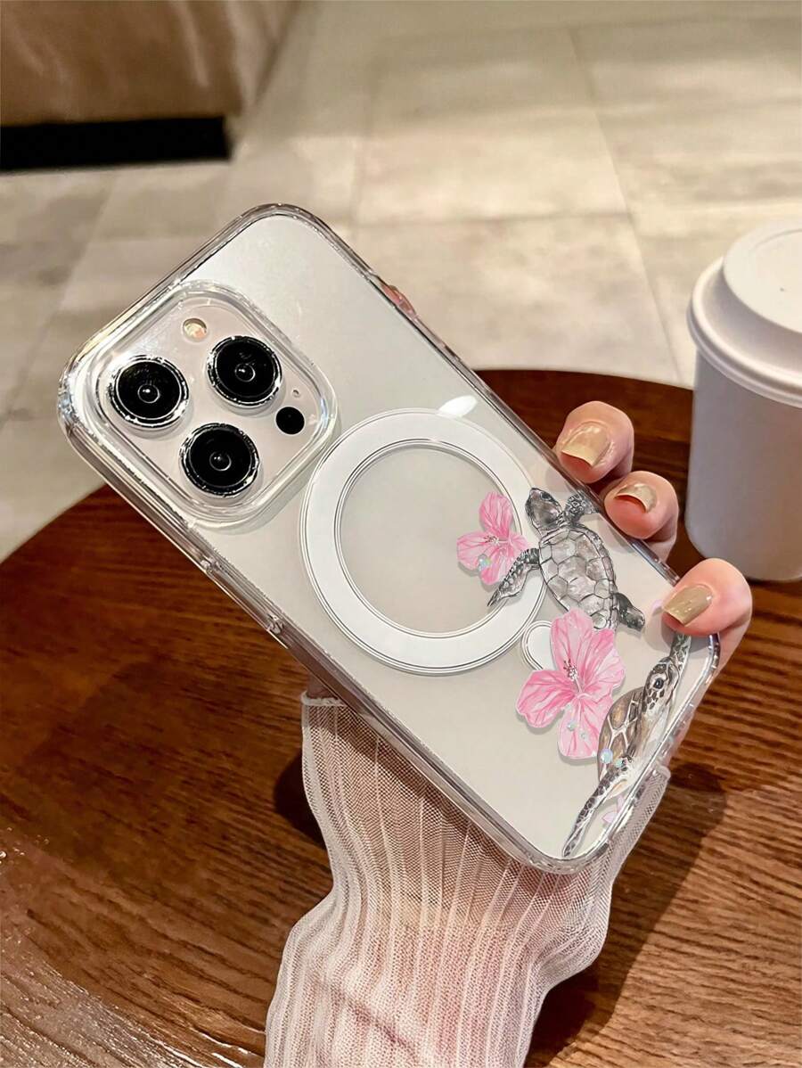 1pc Floral Sea Turtle Design Magnetic Wireless Charging Protective Phone Case, Transparent Anti-Fall Soft+Hard Material, Suitable As Festival Gift Compatible With IPhone 15 16 Pro/Pro Max/14 15 16 Plus, Anti-Fingerprint & Scratch Resistant, Clear Glossy Waterproof Shockproof