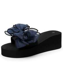 Women's Solid Color Sandals, Bowknot Decor Slip On Platform Beach Slides, Non-Slip Vacation Wedge Slides - Blue - View 6