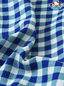 Bộ 3 món/Bộ đồ ngủ nữ xuân/hè Sanrio Hello Kitty kẻ sọc xanh trắng cổ polo tay ngắn có túi cài nút và quần/quần đùi thắt nơ, thích hợp mặc ở nhà, mặc thu đông - Xanh và trắng - Xem 8