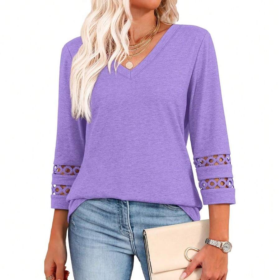 XIEERDUO 3/4 Length Sleeve Womens Tops Dressy Casual Blouses For Women 2025 V Neck T Shirts Summer Clothes - 紫色 - 查看 1