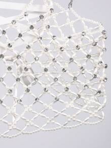 1 pezzo Canotta da donna con corpetto decorato con perle, senza schienale e senza maniche, decorazione con catena sulla schiena, in stile Y2K, da festa, con paillettes e perline lucenti
