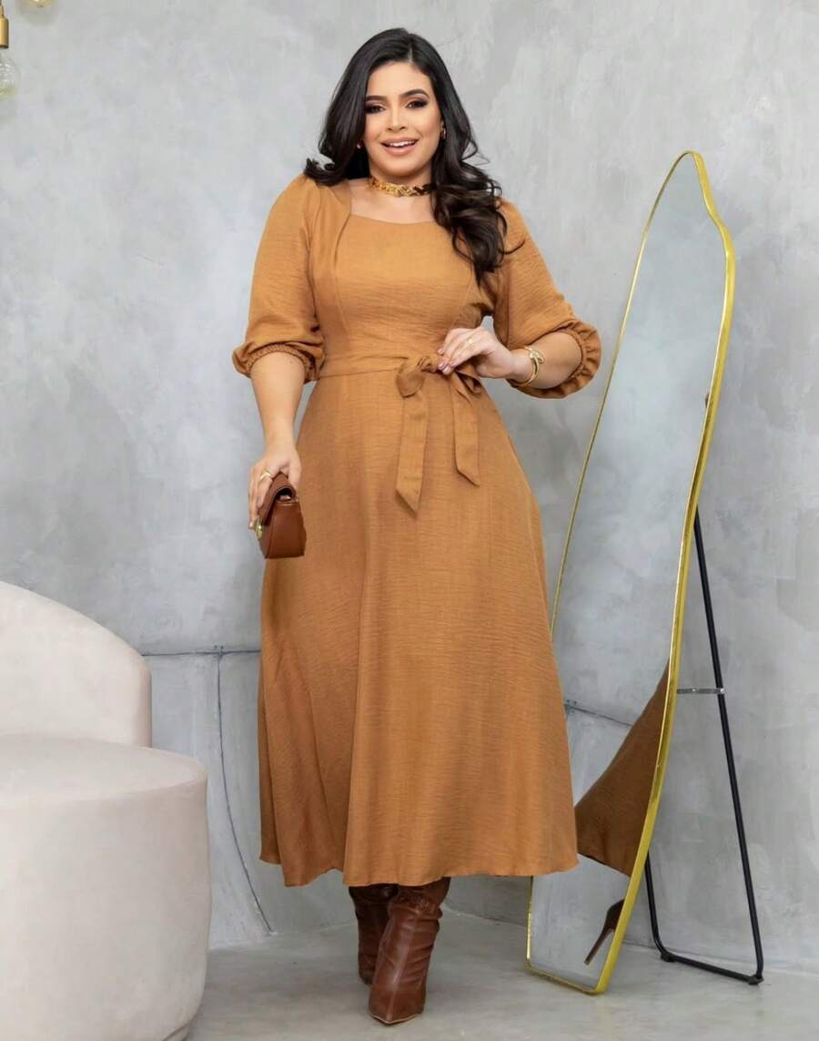 Aurora Boho Midi Dress With 3/4 Sleeves Godet Christian Fashion - 摩卡棕 - 查看 1