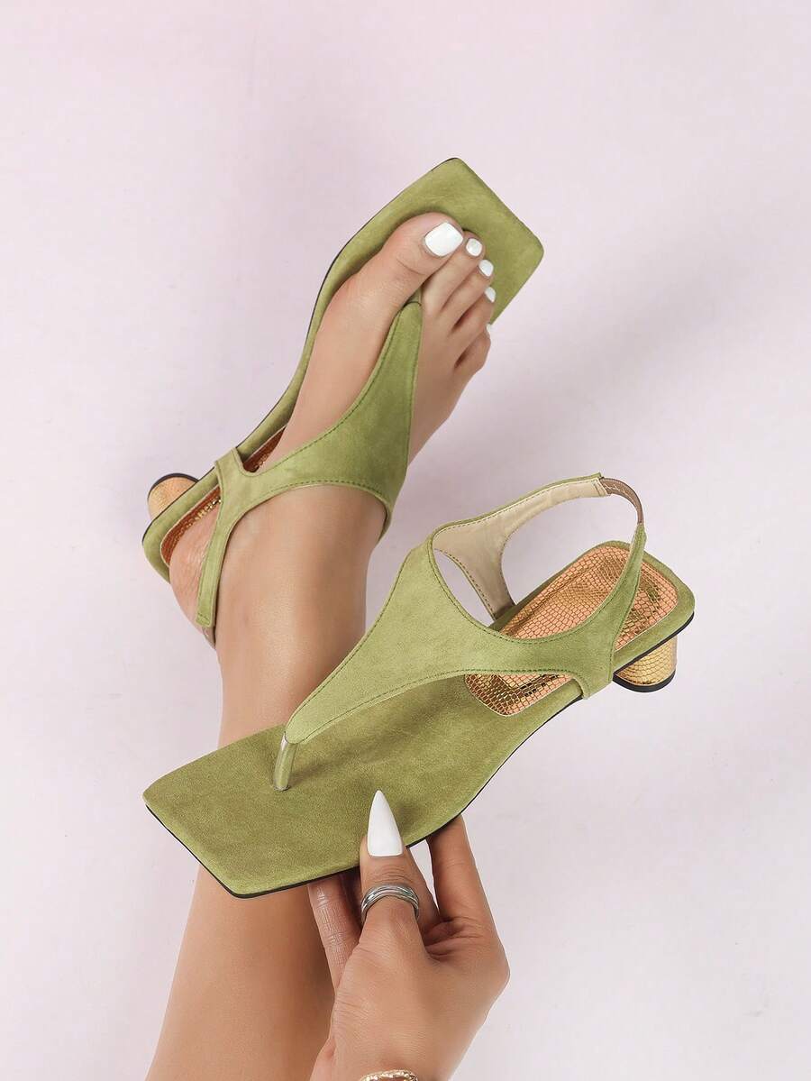 Giày sandal mũi vuông thời trang nữ, món đồ không thể thiếu cho mùa hè, thiết kế mũi vuông bằng da lộn màu xanh lá cây, gót vừa phải thoải mái, hoàn hảo cho kỳ nghỉ và phong cách đường phố. - màu xanh lá - Xem 1