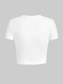 Customized Y2K Round Neck Short Sleeve Cropped T-Shirt, Customized Photo & Text Retro T-Shirt - White - View 6