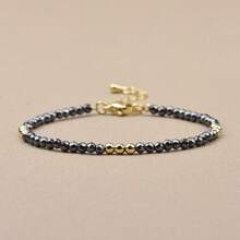 1pc Men's 3mm Black Onyx, Quartz, Lapis Lazuli Bead & Golden Copper Bead Adjustable Bracelet, Suitable For Daily Wear And Gift