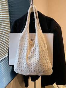 Distinctive Mori Style Knitted Tote Bag - Casual Lightweight Shoulder Handbag With Foldable Design, Boho Crochet Tote Bag - Fashionable Summer Beach Shoulder Bag With Beige/Ivory Hollow Weave Design, Suitable For Women, Art, Shopping Bag, Cute Y2K Crochet Bag For Casual Outings And Relaxation, Beach Bag With Lovely Love Pattern Knitted Shoulder Bag, Suitable For School, Travel, Shopping