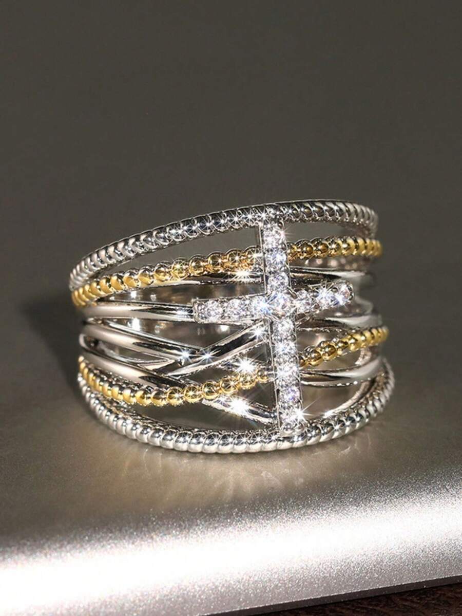 1 件奢华优雅十字设计双色戒指，适合日常佩戴