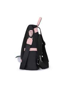 Black And Pink Oxford Cloth Women'S Backpack With Multiple Compartments, Perfect For Teen Girls, Women, Men, Students, Travel, Work, School, And Daily Use – Stylish, Lightweight, Anti-Theft, Durable, With Cute Pom-Pom Charm. The Material Appears To Be Durable, Making It Suitable For Daily Use, Such As Commuting Or Traveling. For Carrying Books, Personal Items, Etc. - 黑色 - 查看 8