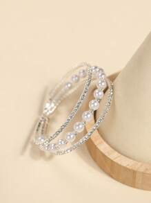 1 pièce Bracelet élastique avec 3 rangs de cristaux artificiels et de perles, de conception européenne et américaine, élégant pour les mariées et les mariages