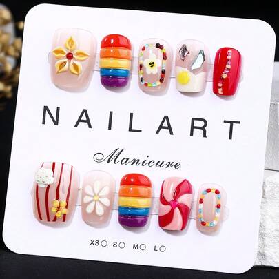 纯手工美甲，10 件套，多色，短梯形，美容，香氛风格，法式尖头指甲，按压式指甲，新年指甲，情人节指甲，紫外线指甲，夏季指甲，可穿戴美甲，优雅大方的设计，高端法式风格，凝胶抛光，闪光指甲用品指甲