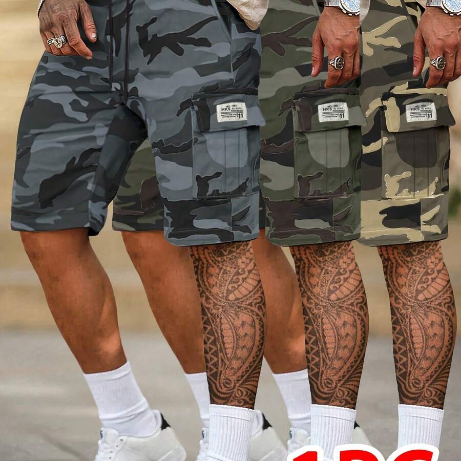 1pc Men'S Summer Camo Cargo Shorts With Multiple Pockets, Drawstring Waist, And Letter Patch - Casual Five-Point Outdoor Shorts For Hiking, Fishing, And Casual Attire, Hiking Apparel | Letter Patch Shorts | Non-Stretch Fabri - 迷彩灰 - 查看 1