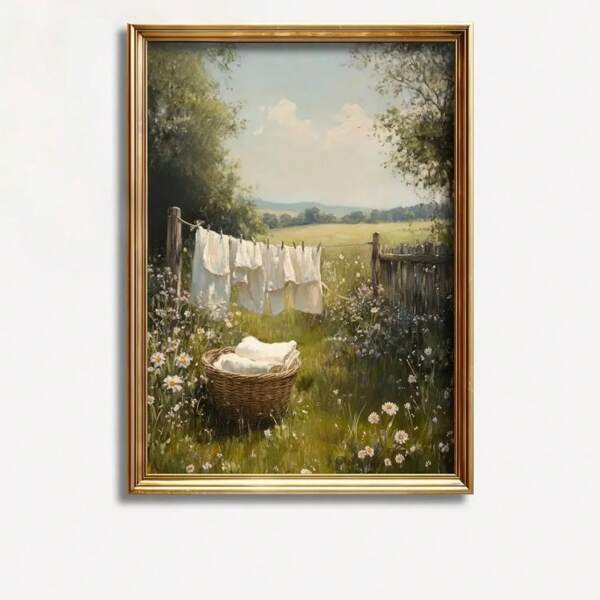 1pc, Wall Art, Vintage Poster, Rural Landscape Oil Painting, Clothes Drying Plant Flower Print, Living Room Decoration Aesthetic, Bedroom Decoration, Room Decoration, Frameless